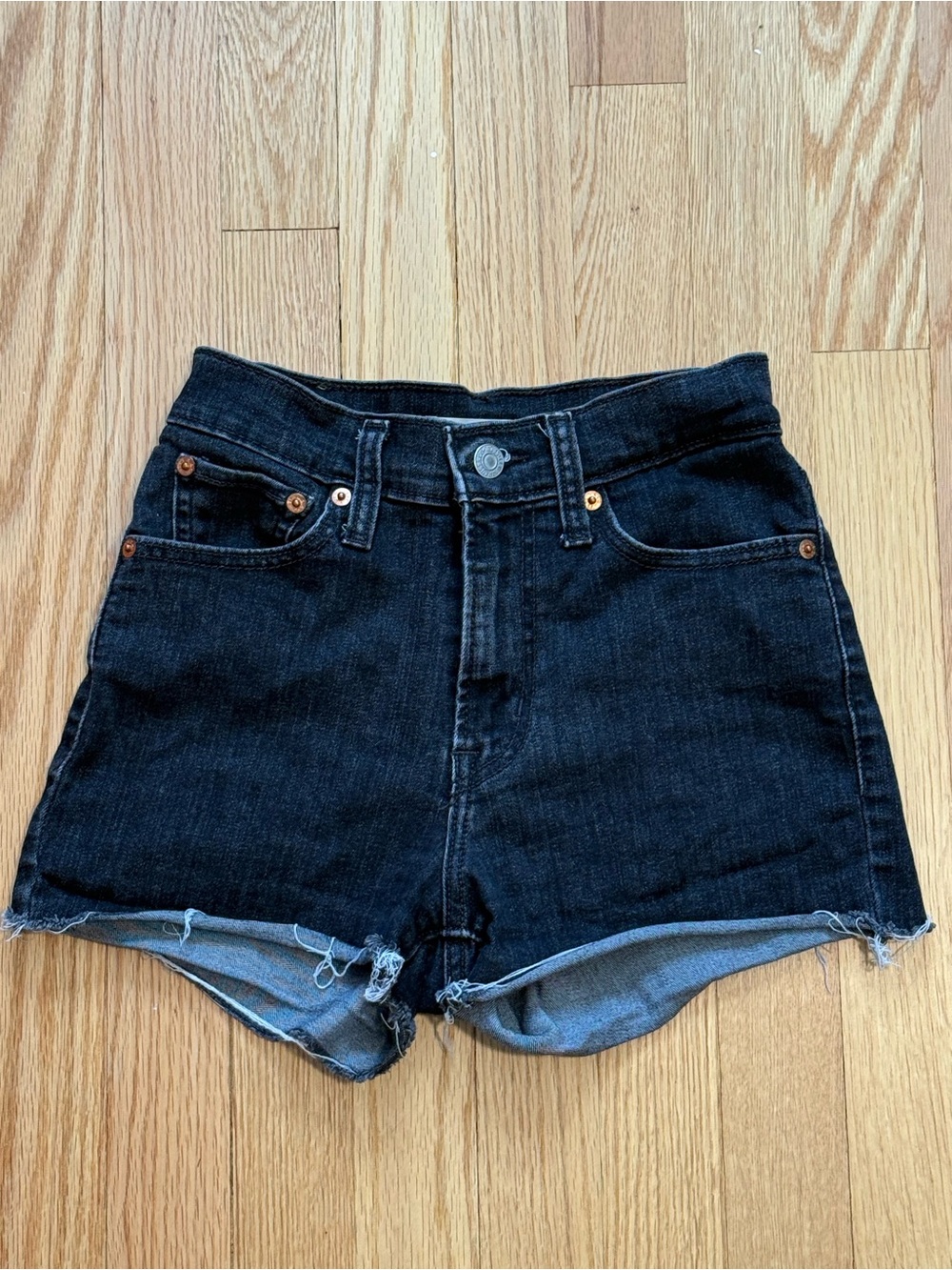 Levi’s high rise black denim shorts